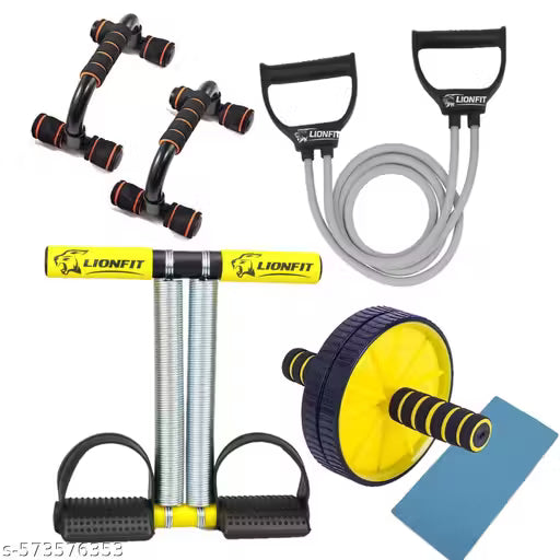 Home Gym Combo – Double Spring Tummy Trimmer | Ab Roller Wheel with Knee Mat | Push-Up Bar | Resistance Tube – Full Body Exercise Fitness Kit